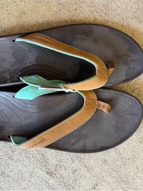 Teva Women's Brown and Aqua Leather Thong Sandals